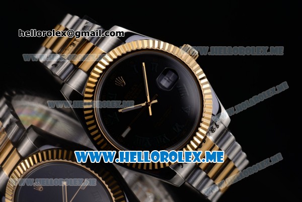 Rolex Day-Date II Asia Automatic Two Tone Case/Bracelet with Roman Numeral Markers and Black Dial - Click Image to Close